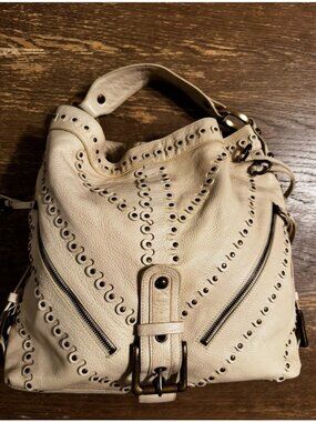 Vtg Besso Cream Italy Studded Leather Shoulder hobo Bag Y2K Western Boho Buckle